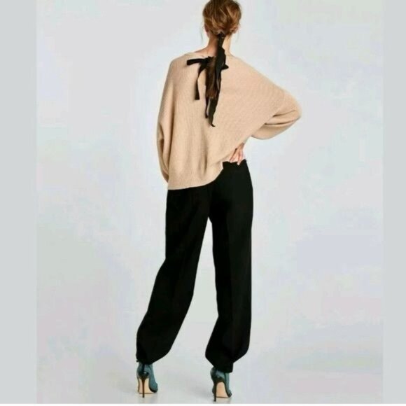 Zara Knit Pale Pink Sweater Ribbed Texture Bow Back Detail - Picture 3 of 8